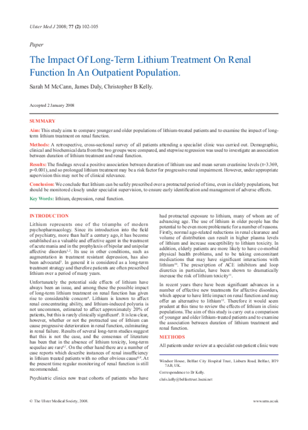 (PDF) The impact of long-term lithium treatment on renal function in an ...