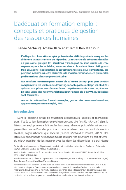 (PDF) L'adéquation formation-emploi : concepts et pratiques de gestion ...