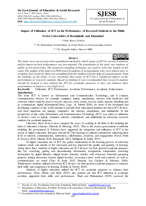 (PDF) Impact of Utilization of ICT on the Performance of Research ...