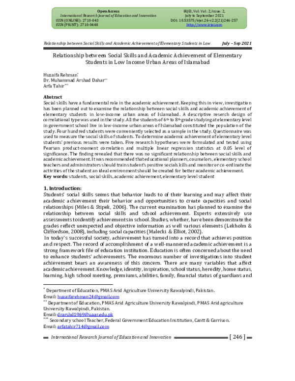 (PDF) Relationship between Social Skills and Academic Achievement of ...