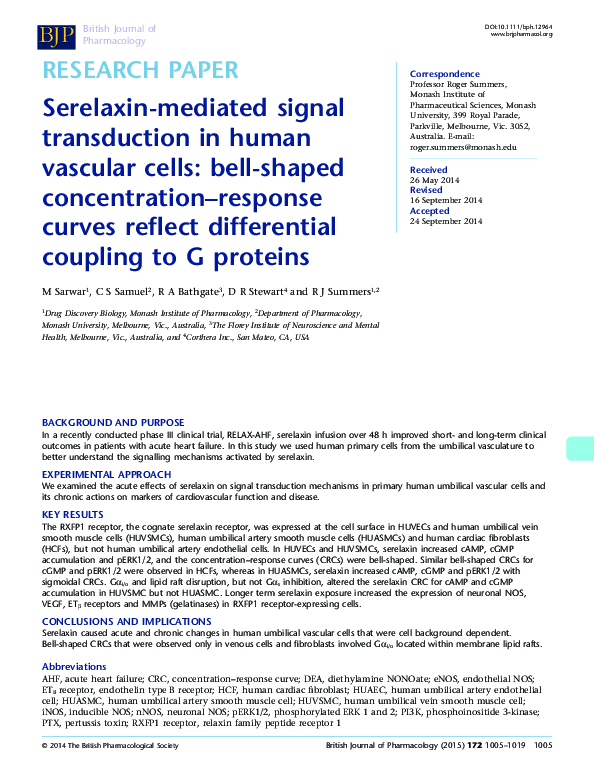 Serelaxin-mediated signal transduction in human vascular cells: bell-shaped concentration-response curves reflect differential coupling to G proteins