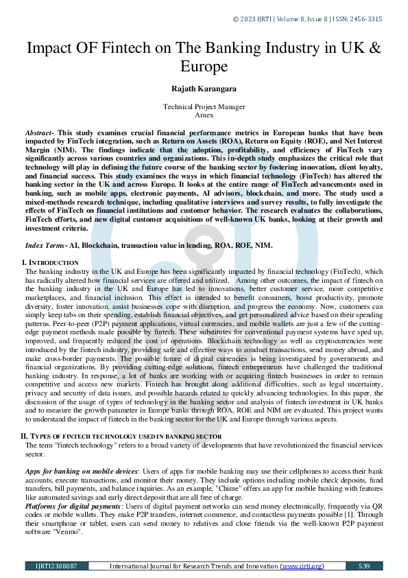 (PDF) Impact of Fintech on The Banking Industry in UK and Europe