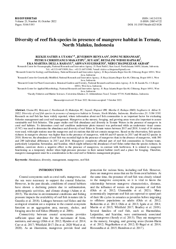 (PDF) Diversity of reef fish species in presence of mangrove habitat in ...