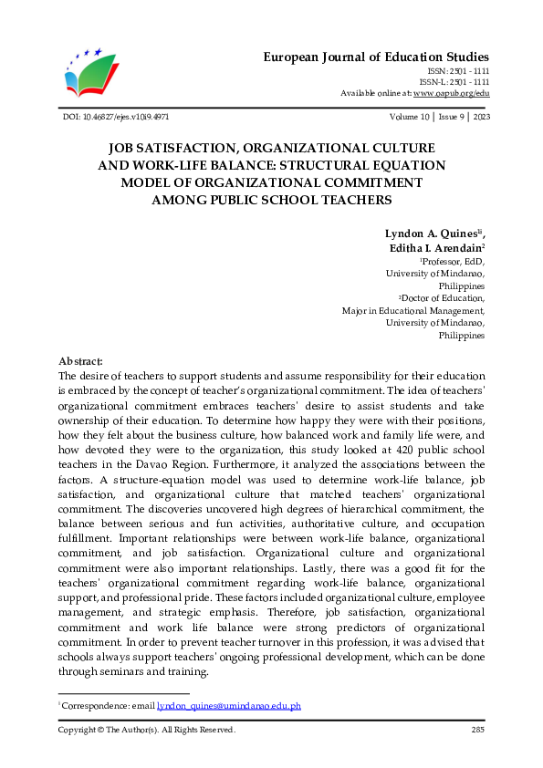 (PDF) Job Satisfaction, Organizational Culture and Work-Life Balance ...