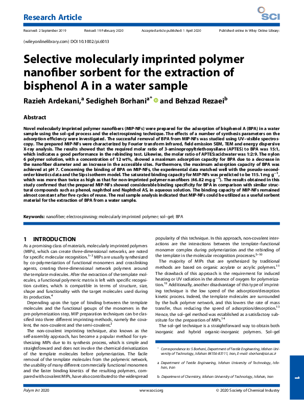 (PDF) Selective molecularly imprinted polymer nanofiber sorbent for the ...