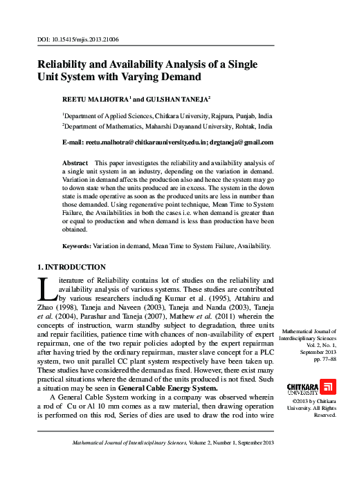 (PDF) Reliability and Availability Analysis of a Single Unit System ...