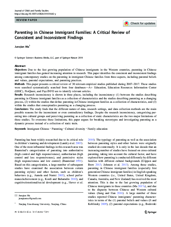 (PDF) Parenting in Chinese Immigrant Families: A Critical Review of ...