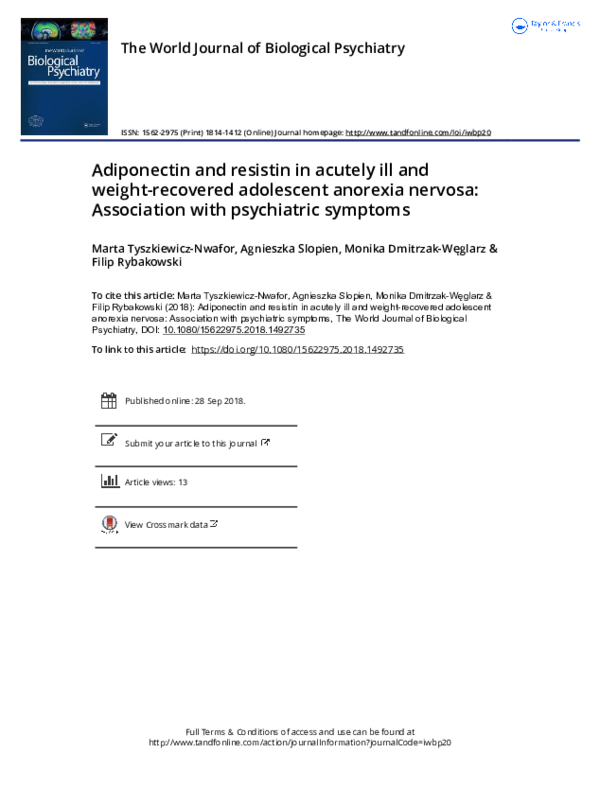 (PDF) Adiponectin and resistin in acutely ill and weight-recovered ...