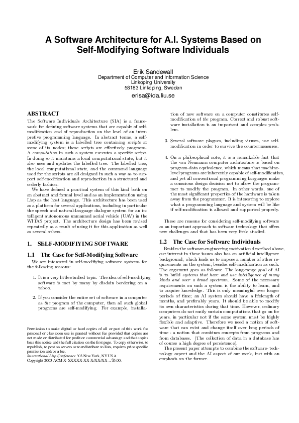 (PDF) A software architecture for AI systems based on self-modifying ...