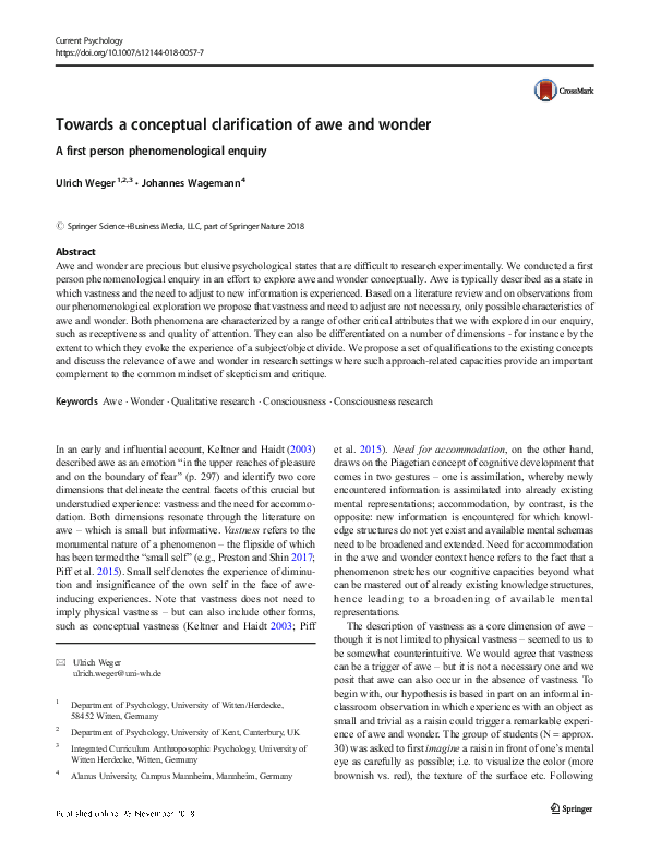 (PDF) Towards a conceptual clarification of awe and wonder