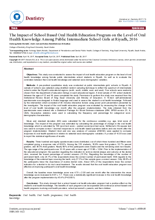 (PDF) The Impact of School Based Oral Health Education Program on the ...