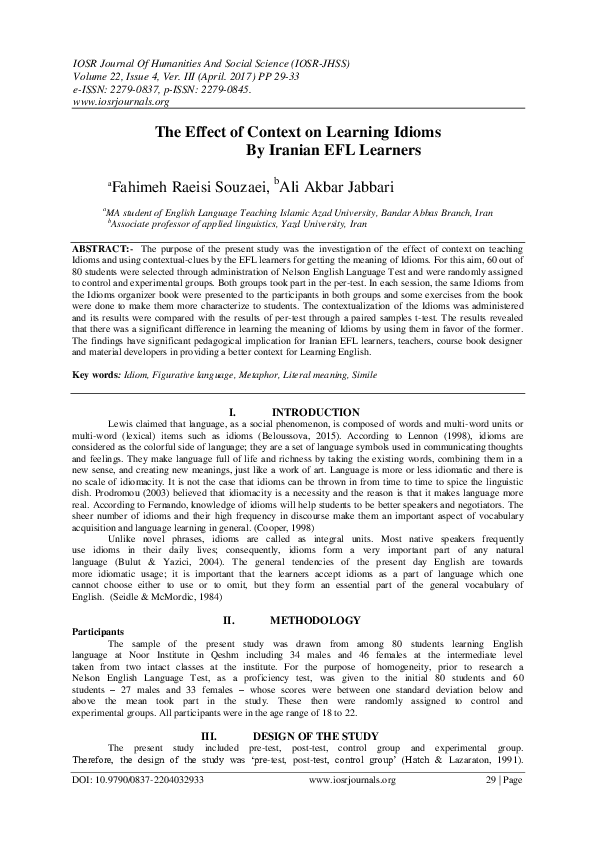 (PDF) The Effect of Context on Learning Idioms By Iranian EFL Learners