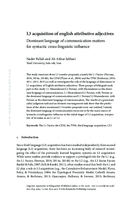 (PDF) L3 acquisition of English attributive adjectives