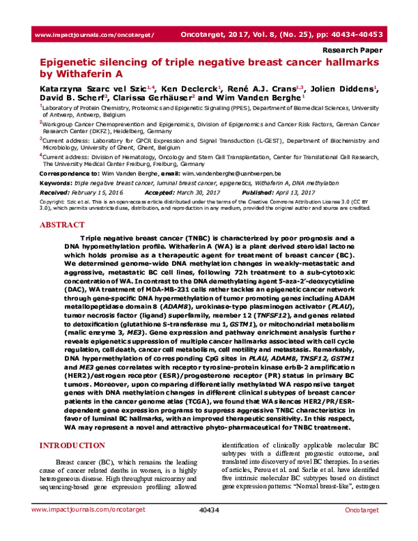 (PDF) Epigenetic silencing of triple negative breast cancer hallmarks ...