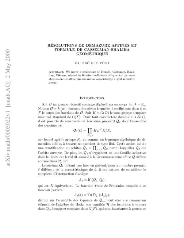 (PDF) R\'esolutions de Demazure affines et formule de Casselman-Shalika ...