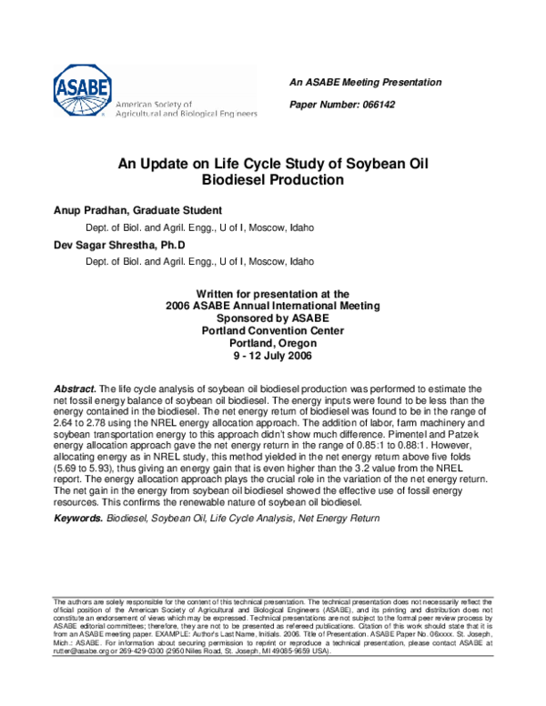 (PDF) An Update on Life Cycle Study of Soybean Oil Biodiesel Production