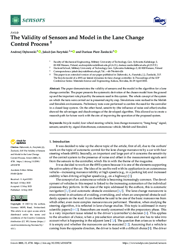 (PDF) The Validity of Sensors and Model in the Lane Change Control ...