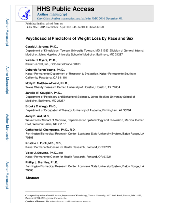 (PDF) Psychosocial predictors of weight loss by race and sex