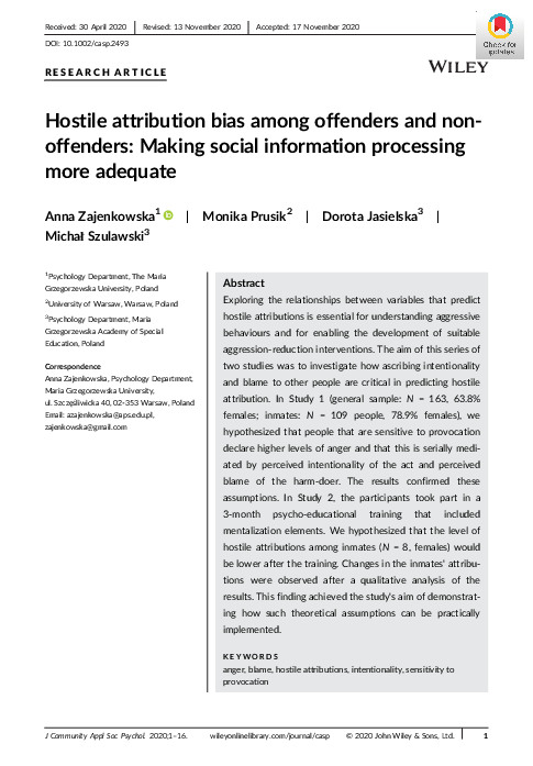 (PDF) Hostile attribution bias among offenders and non‐offenders ...
