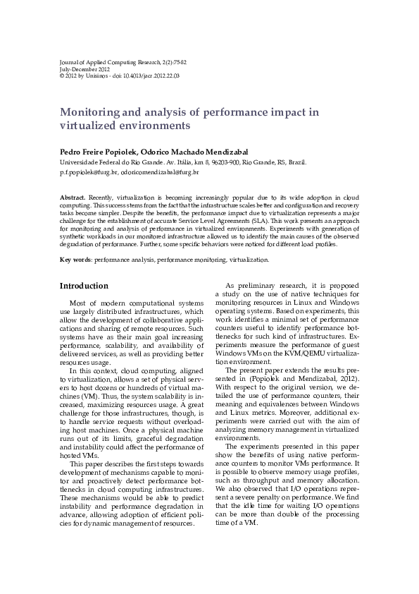 (PDF) Monitoring and analysis of performance impact in virtualized ...