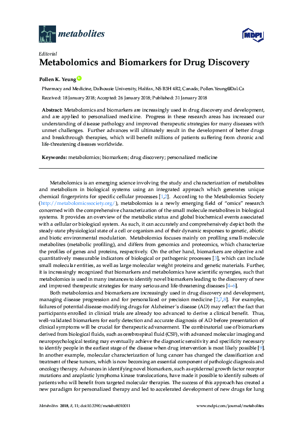 Pdf Metabolomics And Biomarkers For Drug Discovery