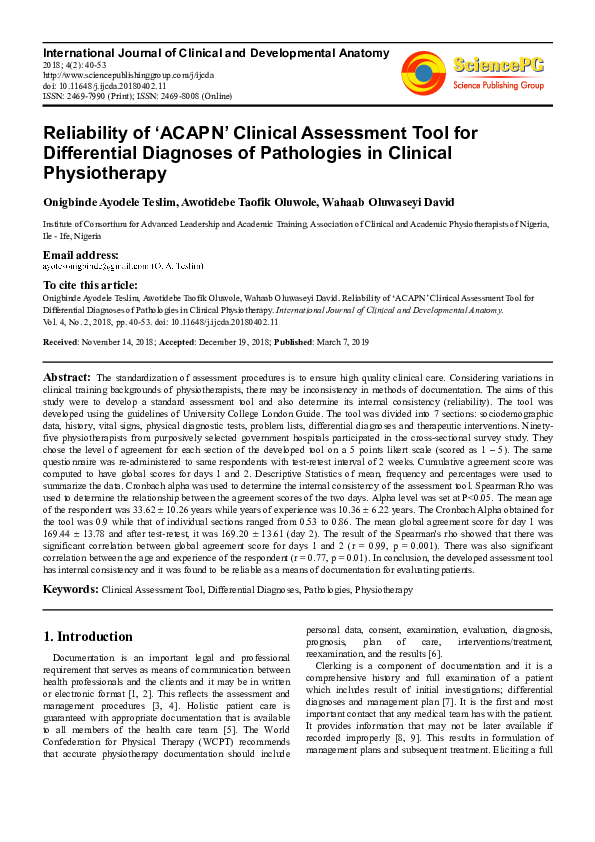 (PDF) Reliability of ‘ACAPN’ Clinical Assessment Tool for Differential ...