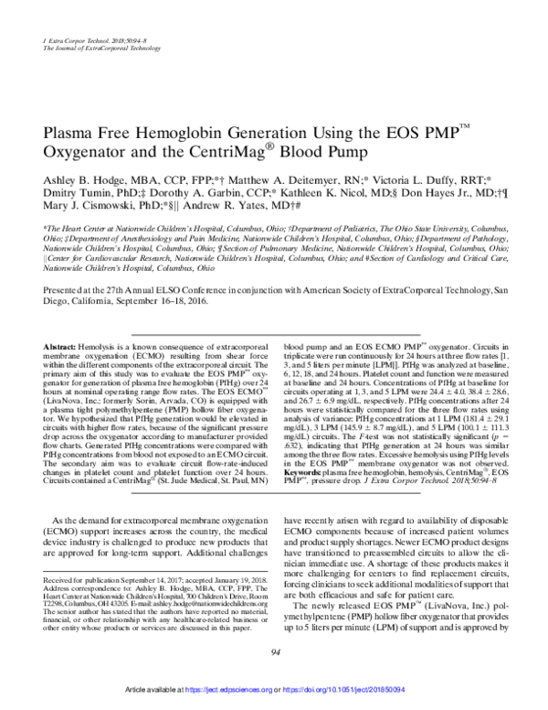 (PDF) Plasma Free Hemoglobin Generation Using the EOS PMP™ Oxygenator
