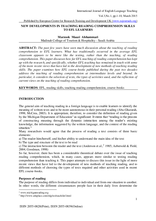 (PDF) New Developments in Teaching Reading Comprehension Skills to Efl ...