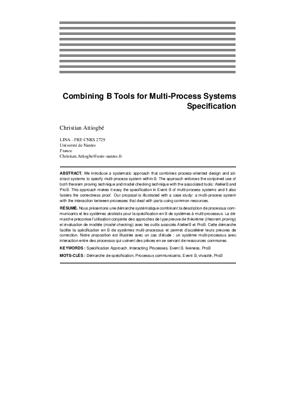 (PDF) Combining B Tools for Multi-Process Systems Specification