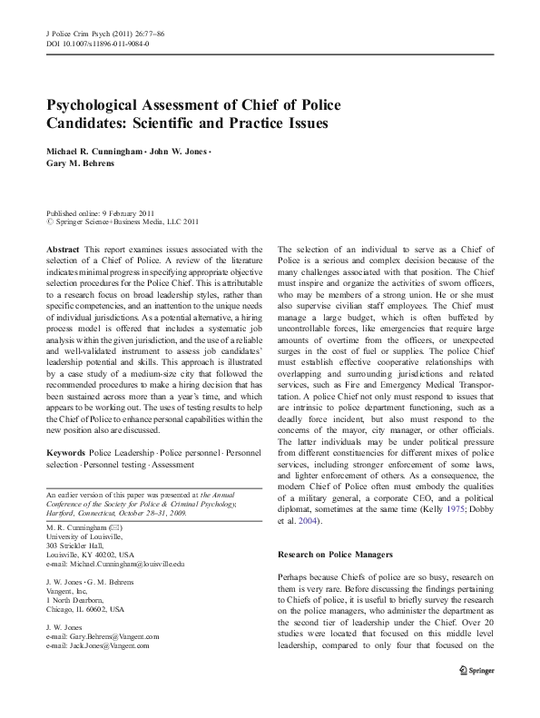 (PDF) Psychological Assessment of Chief of Police Candidates ...