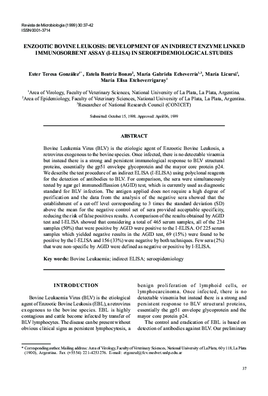 (PDF) Enzootic bovine Leukosis: development of an indirect enzyme ...
