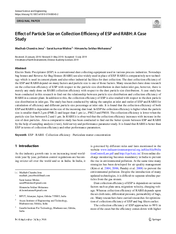 (PDF) Effect of Particle Size on Collection Efficiency of ESP and RABH ...