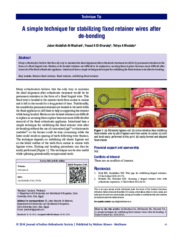 (PDF) A simple technique for stabilizing fixed retainer wires after de ...