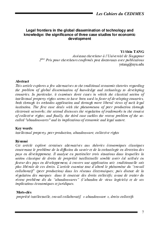 (PDF) Legal frontiers in the global dissemination of technology and ...