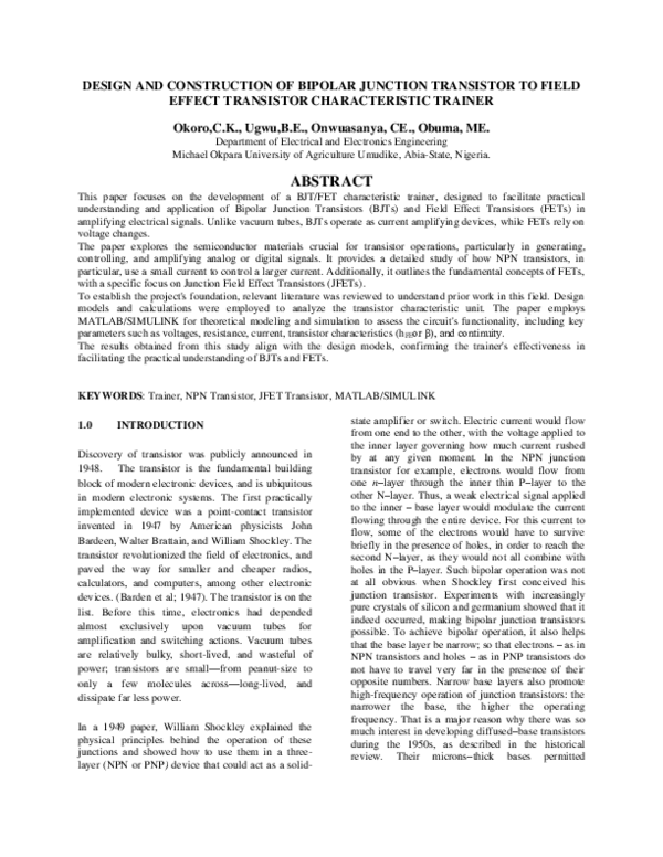 (PDF) DESIGN AND CONSTRUCTION OF BIPOLAR JUNCTION TRANSISTOR TO FIELD EFFECT TRANSISTOR