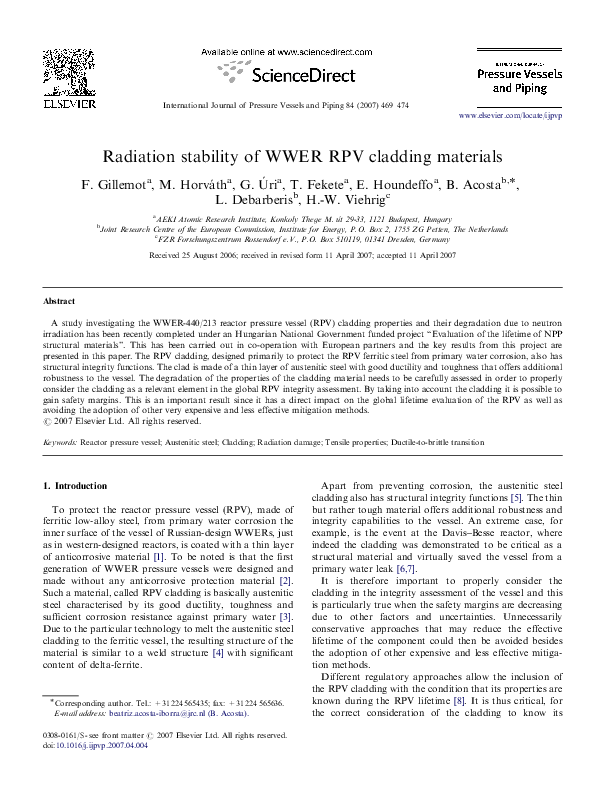 (PDF) Radiation stability of WWER RPV cladding materials