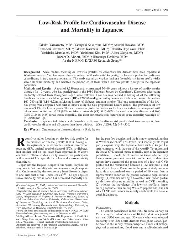 (PDF) Low-Risk Profile for Cardiovascular Disease and Mortality in Japanese