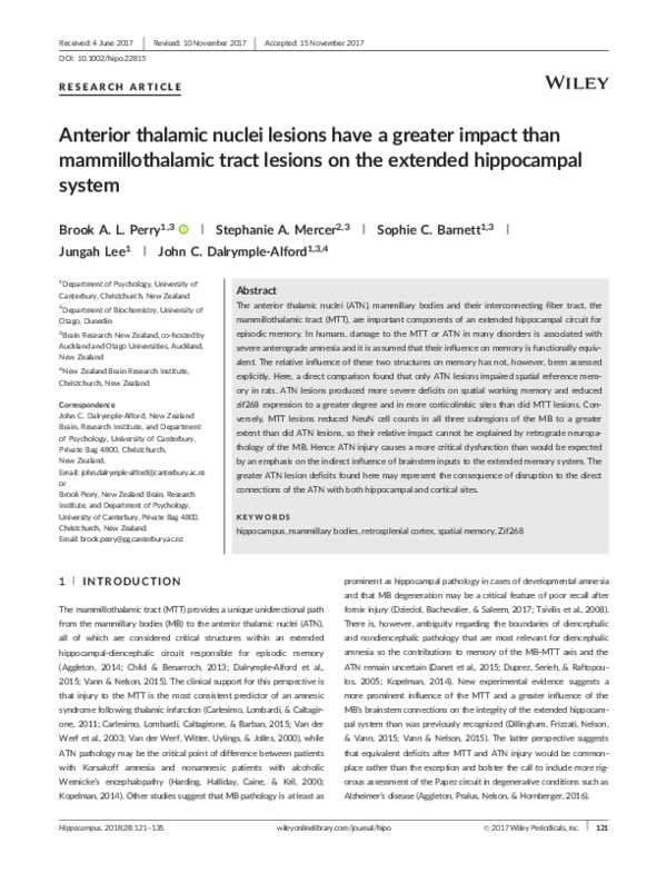 (PDF) Anterior thalamic nuclei lesions have a greater impact than ...