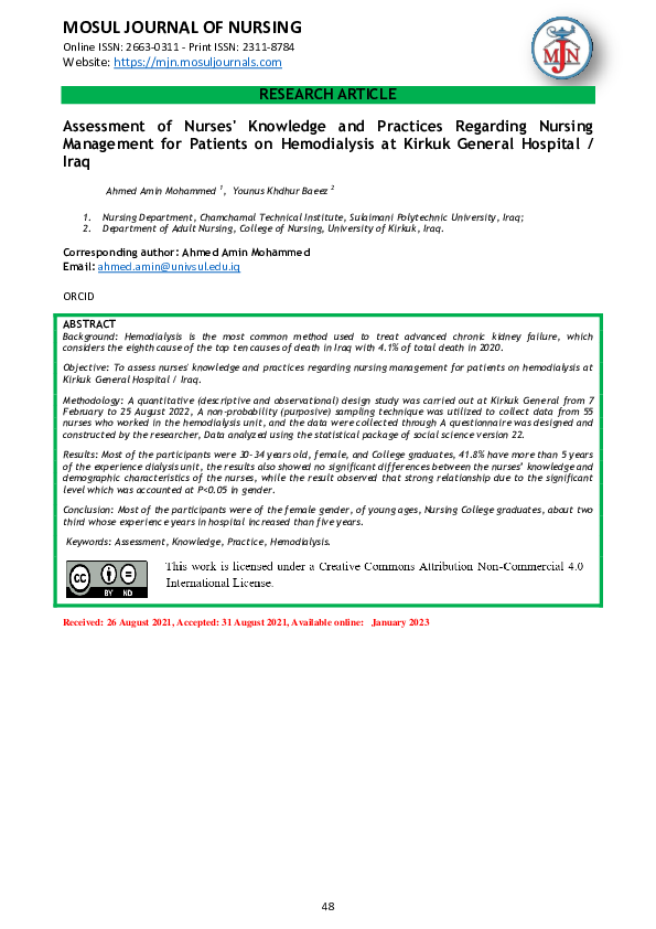 (PDF) Assessment of Nurses' Knowledge and Practices Regarding Nursing ...