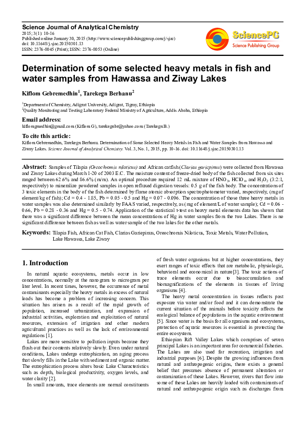 (PDF) Determination of Some Selected Heavy Metals in Fish and Water ...