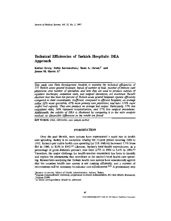 (PDF) Technical Efficiencies of Turkish Hospitals: DEA Approach