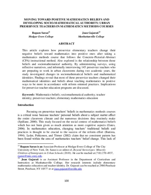 (PDF) Moving toward Positive Mathematics Beliefs and Developing Socio ...