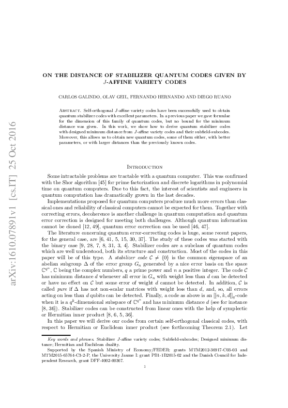 (PDF) On the distance of stabilizer quantum codes given by $J$-affine ...