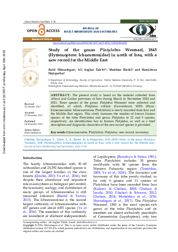 (PDF) JOURNAL OF INSECT BIODIVERSITY AND SYSTEMATICS Study of the genus ...