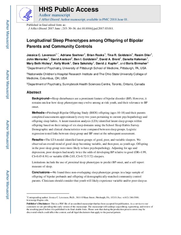 (PDF) Longitudinal sleep phenotypes among offspring of bipolar parents ...