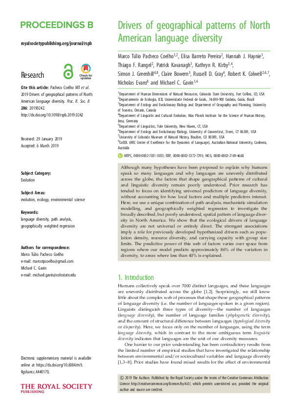 (PDF) Drivers of geographical patterns of North American language diversity