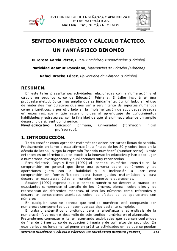 (PDF) Sentido numérico y cálculo táctico. Un fantástico binomio