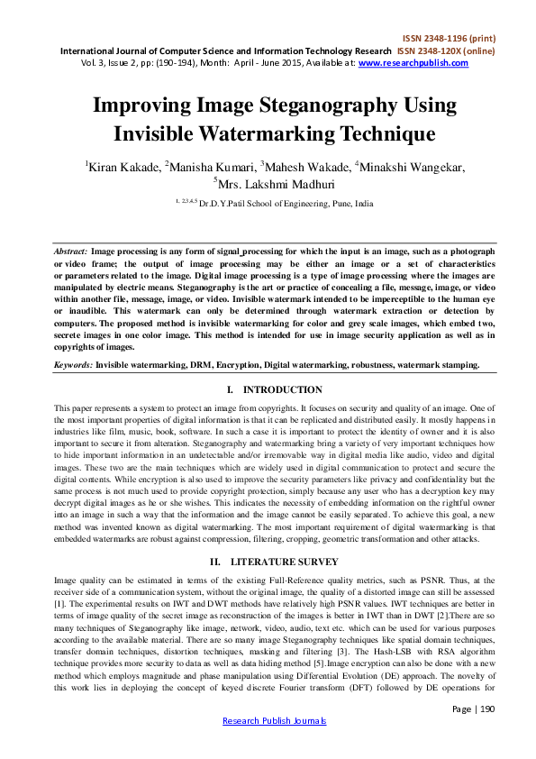 (PDF) Improving Image Steganography Using Invisible Watermarking Technique