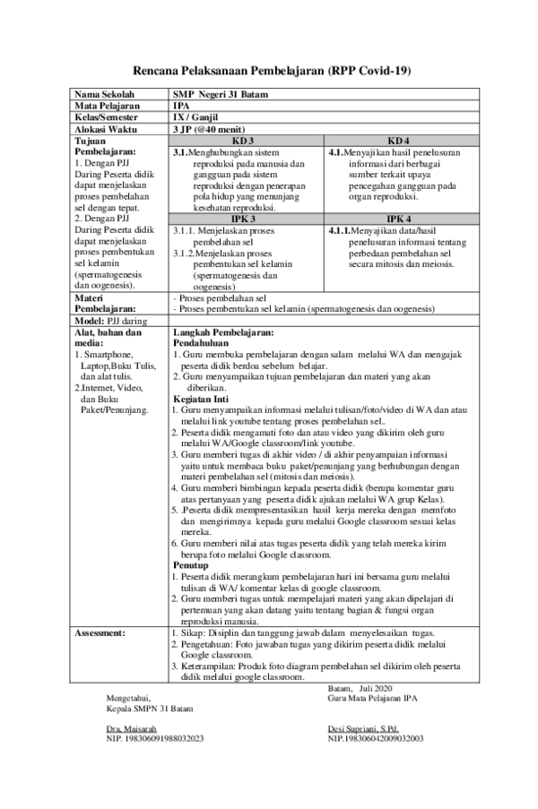 (PDF) Rencana Pelaksanaan Pembelajaran (RPP Covid-19) Sistem Reproduksi ...