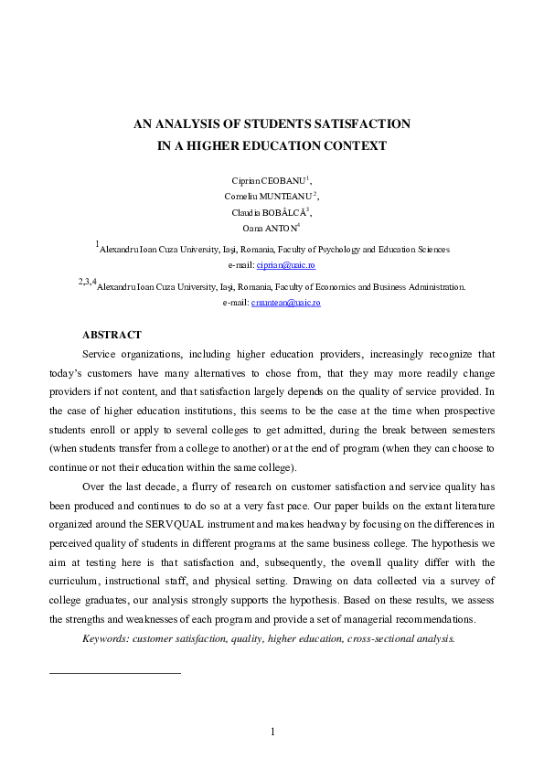 (PDF) An Analysis of Students Satisfaction in a Higher Education Context